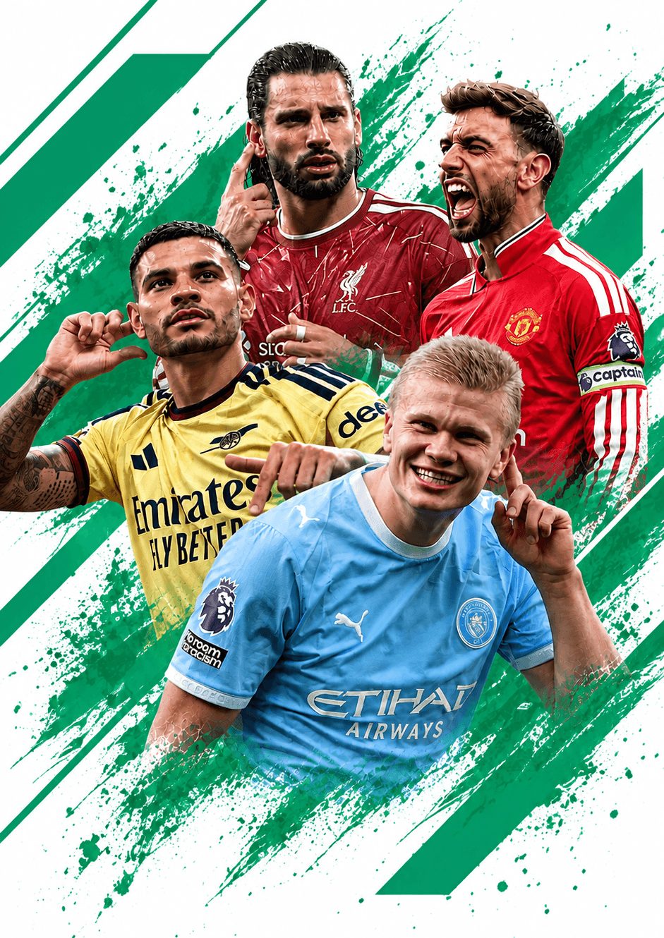 Premier League players in green brush-stroke artwork