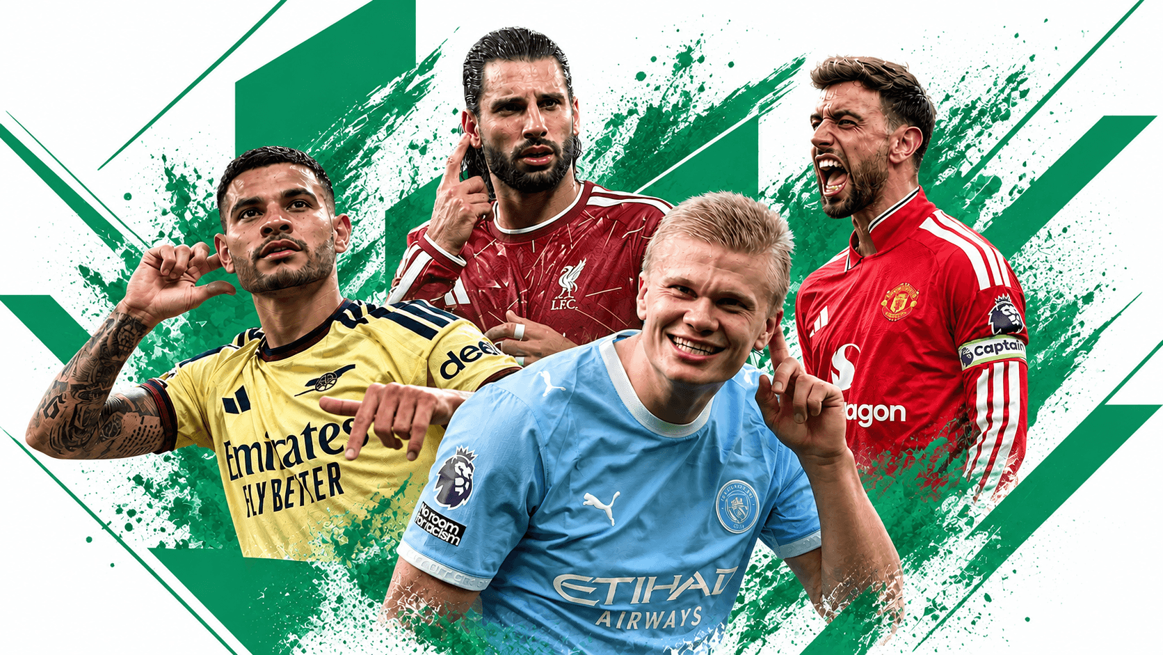 Premier League players in green brush-stroke artwork